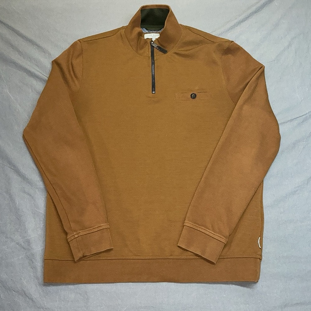 Ted Baker Mens Brown 1/4 Zip Pullover Buttoned Chest Pocket Sz 4/L